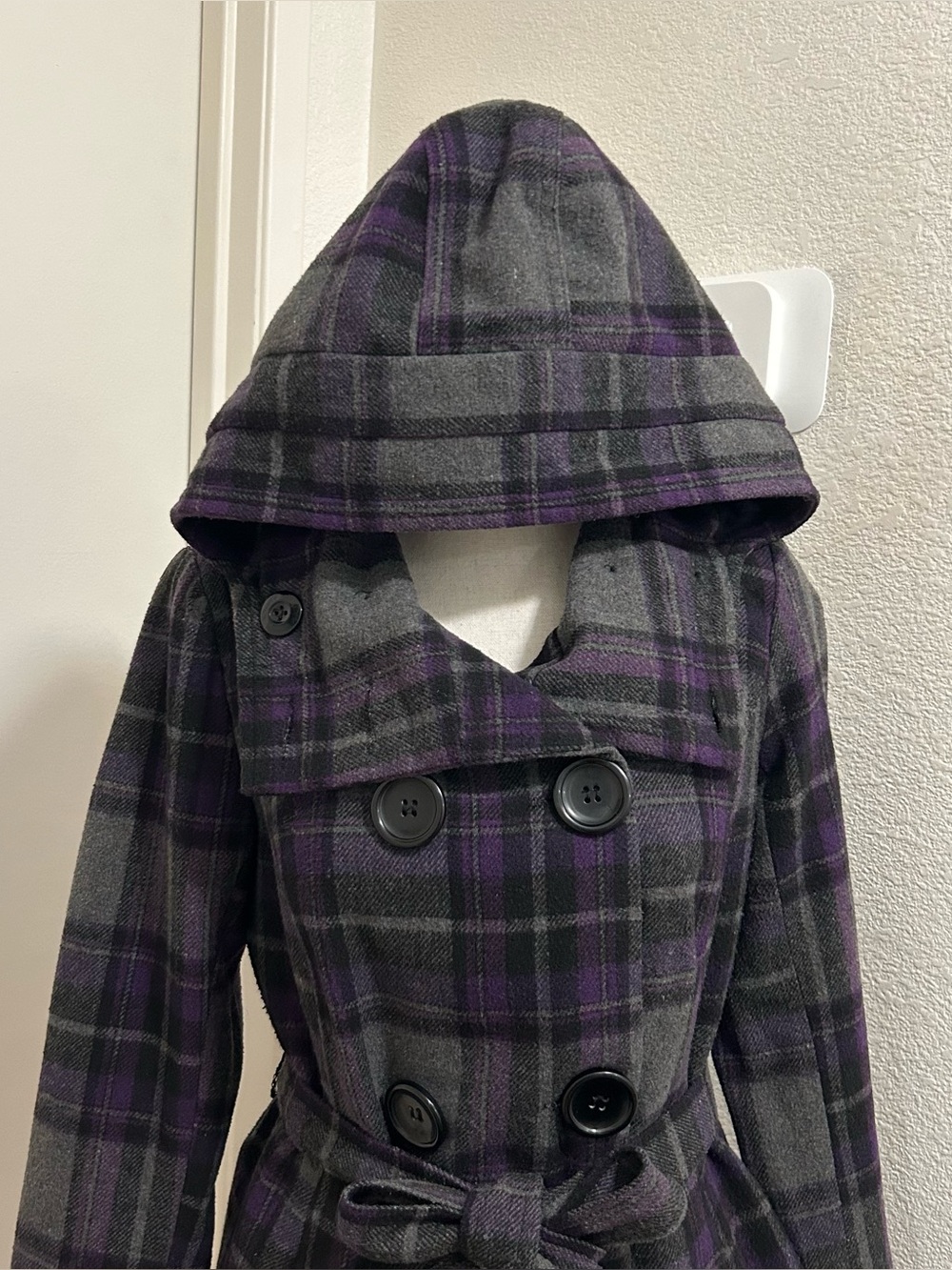 Y2K Dark Academia Goth Purple Plaid Hooded Pea Coat Wool Jacket Small Grunge - Picture 6 of 9